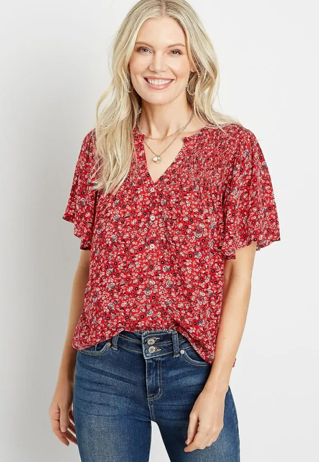 Red Ditsy Floral Flutter Sleeve Top Women Maurices Tops