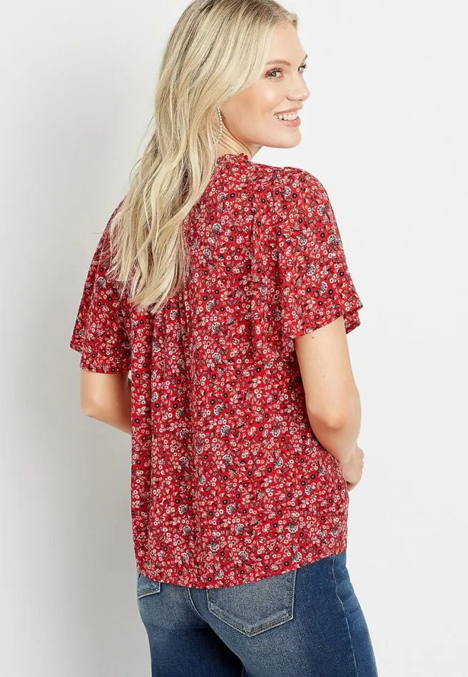Red Ditsy Floral Flutter Sleeve Top Women Maurices Tops