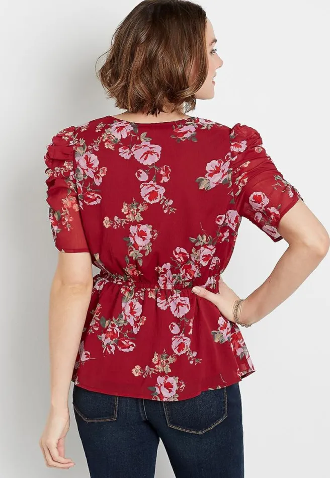 Red Floral Mesh Ruched Sleeve Top Women Maurices Tops