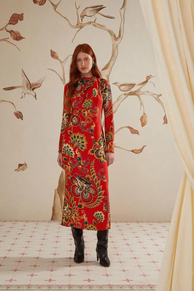 Red Maxi Floral Cutout Lenzing Ecovero Viscose Midi Dress Women FARM Rio Midi Dresses