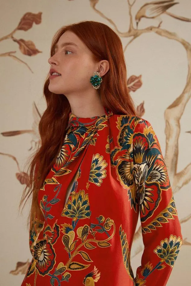 Red Maxi Floral Cutout Lenzing Ecovero Viscose Midi Dress Women FARM Rio Midi Dresses