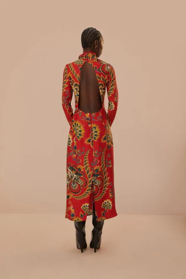 Red Maxi Floral Cutout Lenzing Ecovero Viscose Midi Dress Women FARM Rio Midi Dresses