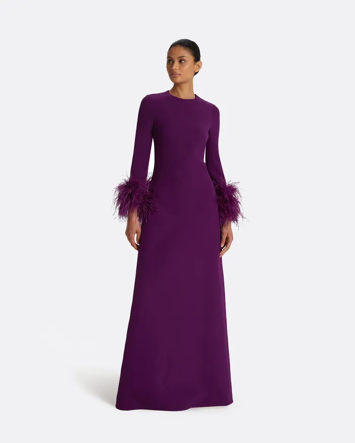 Renalla Currant FeatherTrimmed Long Dress Currant Women Icons Safiyaa