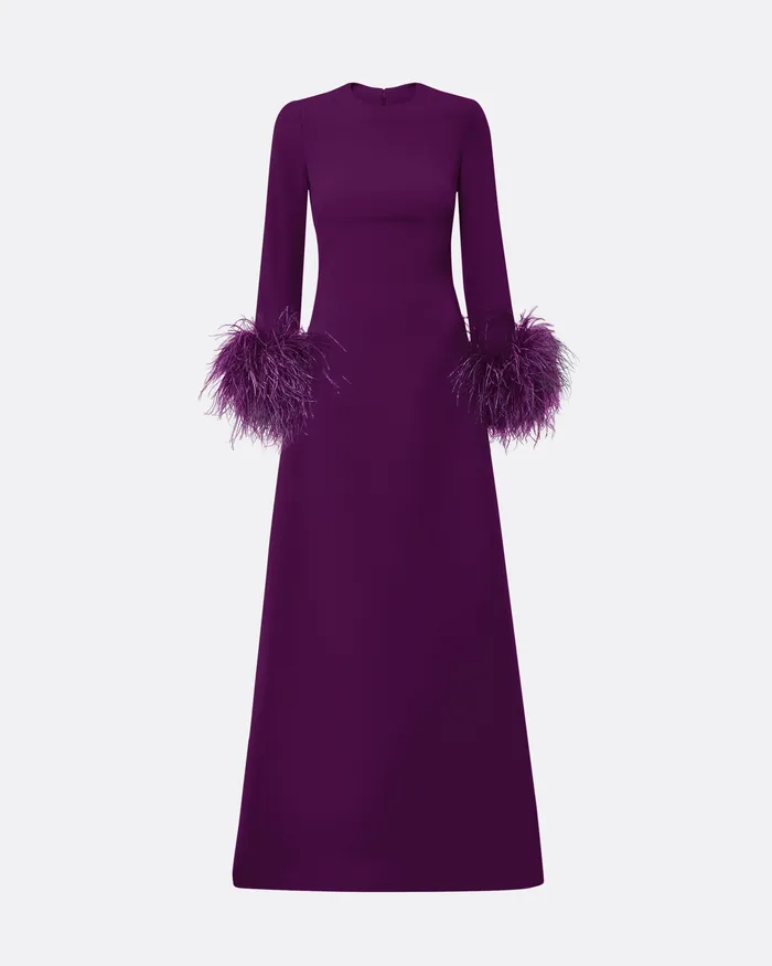 Renalla Currant FeatherTrimmed Long Dress Currant Women Icons Safiyaa