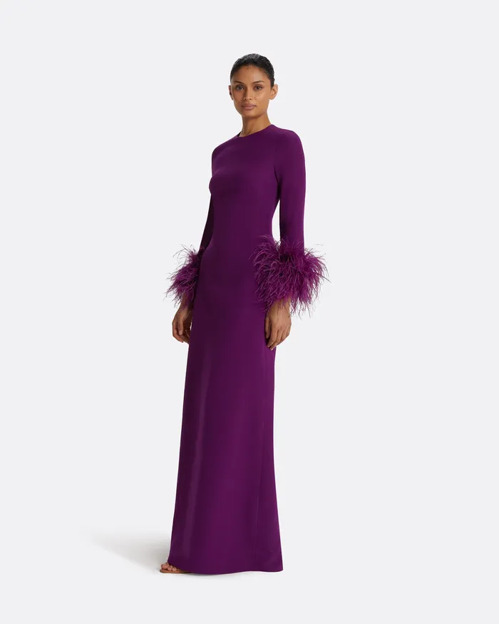 Renalla Currant FeatherTrimmed Long Dress Currant Women Icons Safiyaa