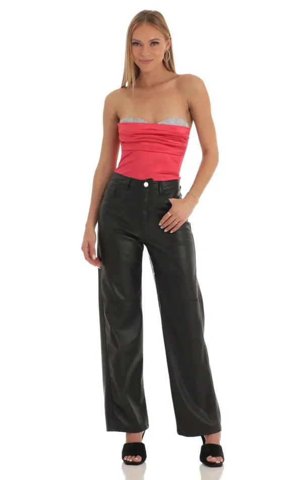 Rhinestone Satin Bodysuit Red Women LUCY IN THE SKY Bodysuits