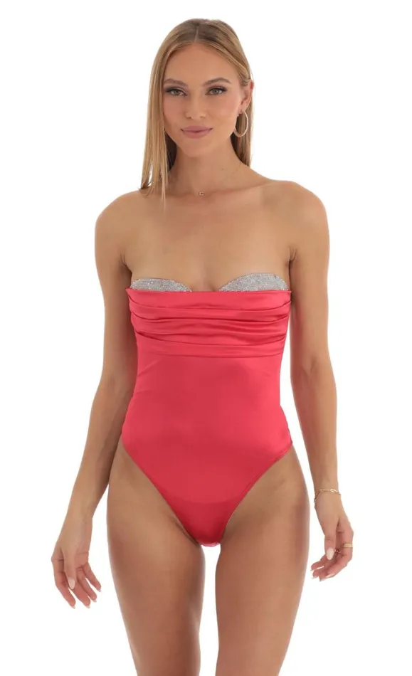 Rhinestone Satin Bodysuit Red Women LUCY IN THE SKY Bodysuits Rhinestone Satin Bodysuit Red Women LUCY IN THE SKY Bodysuits
