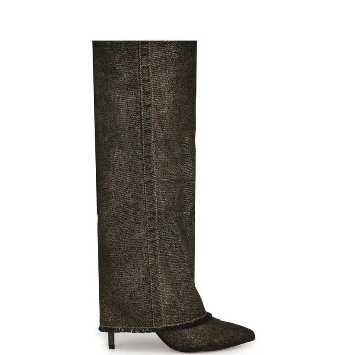 Rhoree Knee High Dress Boots Gold Metallic Denim Women Nine West Boots and Booties