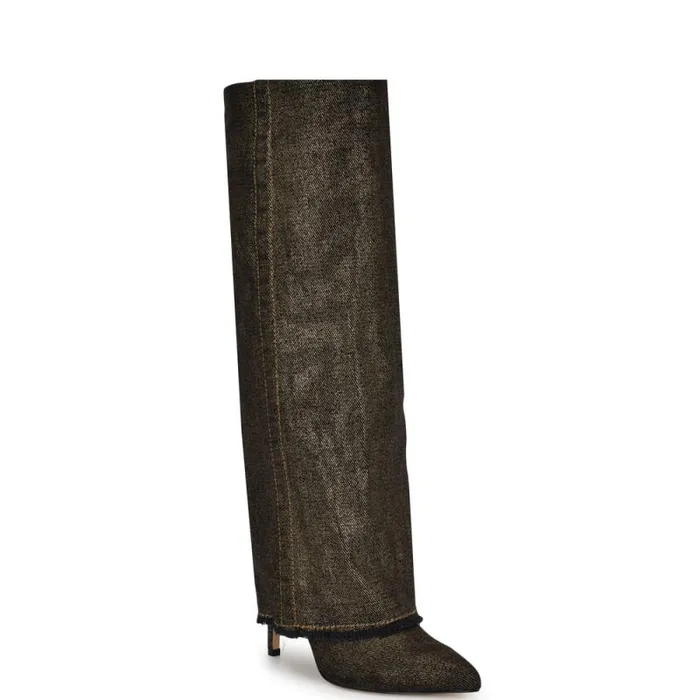 Rhoree Knee High Dress Boots Gold Metallic Denim Women Nine West Boots and Booties
