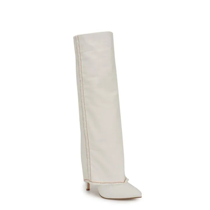 Rhoree Knee High Dress Boots White Denim Women Nine West Boots and Booties