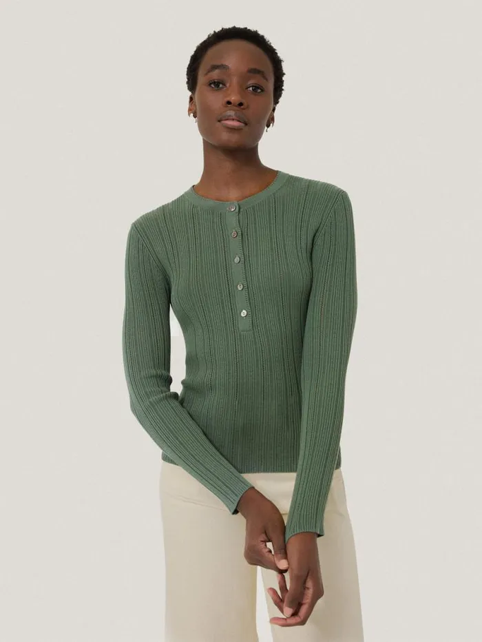 Rib Pointelle Henley Jumper Green Women Jigsaw Knitwear and Cashmere