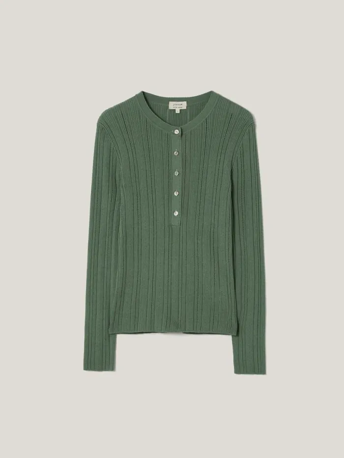 Rib Pointelle Henley Jumper Green Women Jigsaw Knitwear and Cashmere