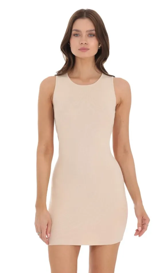 Ribbed High Neck Dress Beige Women LUCY IN THE SKY Mini Dresses Ribbed High Neck Dress Beige Women LUCY IN THE SKY Mini Dresses