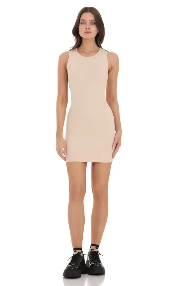 Ribbed High Neck Dress Beige Women LUCY IN THE SKY Mini Dresses Ribbed High Neck Dress Beige Women LUCY IN THE SKY Mini Dresses