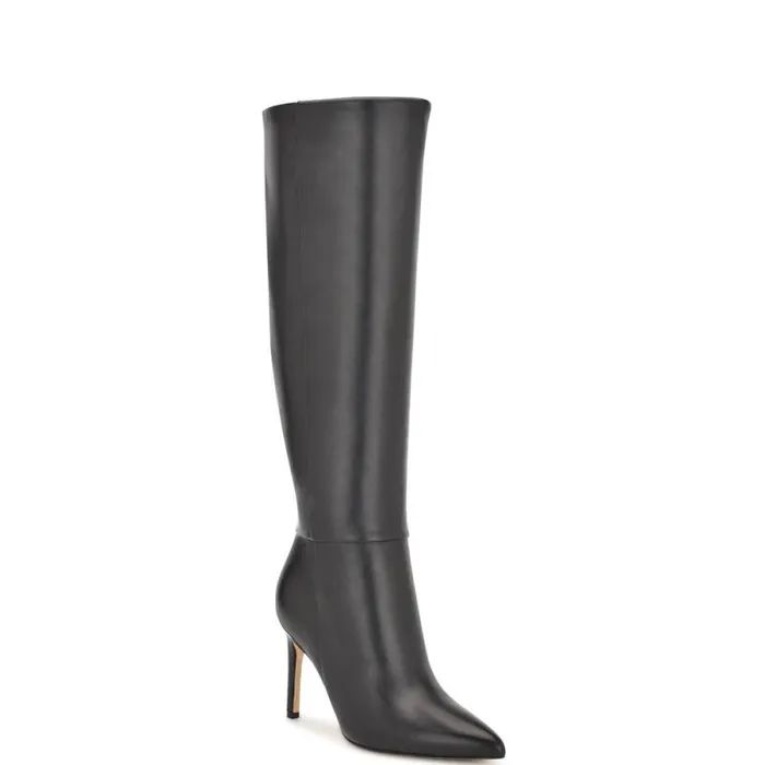 Richy Wide Calf Heeled Boots Black Leather Women Nine West Heels