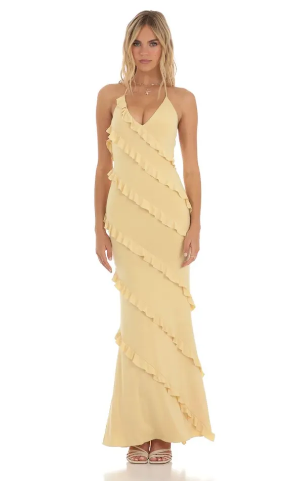 Ruffle Halter Maxi Dress Yellow Women LUCY IN THE SKY Maxi Dresses