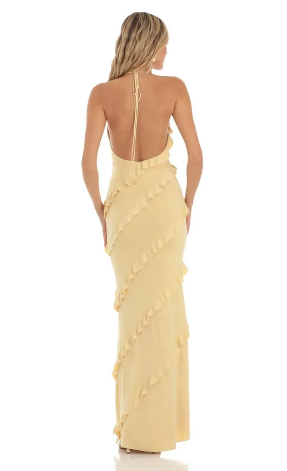 Ruffle Halter Maxi Dress Yellow Women LUCY IN THE SKY Maxi Dresses