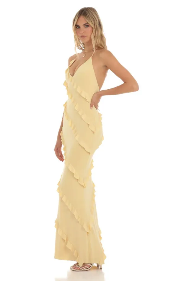 Ruffle Halter Maxi Dress Yellow Women LUCY IN THE SKY Maxi Dresses