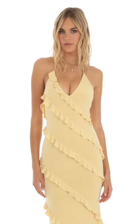 Ruffle Halter Maxi Dress Yellow Women LUCY IN THE SKY Maxi Dresses