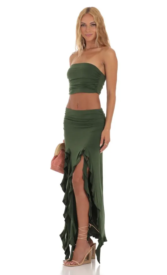 Ruffle Slit Two Piece Set Green Women LUCY IN THE SKY Skirts Ruffle Slit Two Piece Set Green Women LUCY IN THE SKY Skirts
