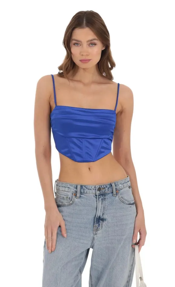 Satin Corset Crop Top Royal Blue Women LUCY IN THE SKY Tops