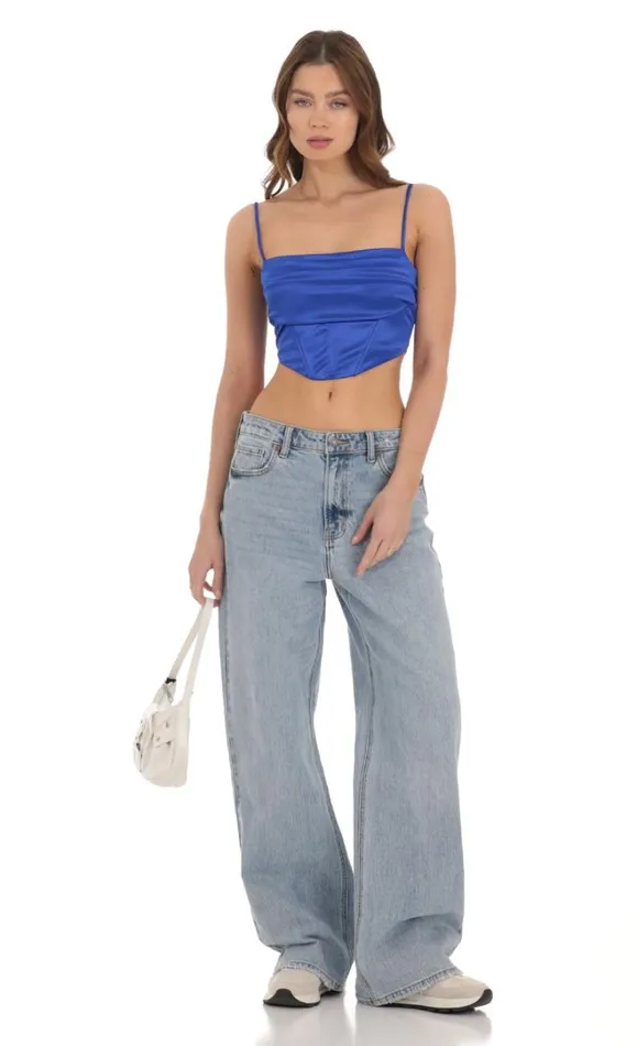 Satin Corset Crop Top Royal Blue Women LUCY IN THE SKY Tops