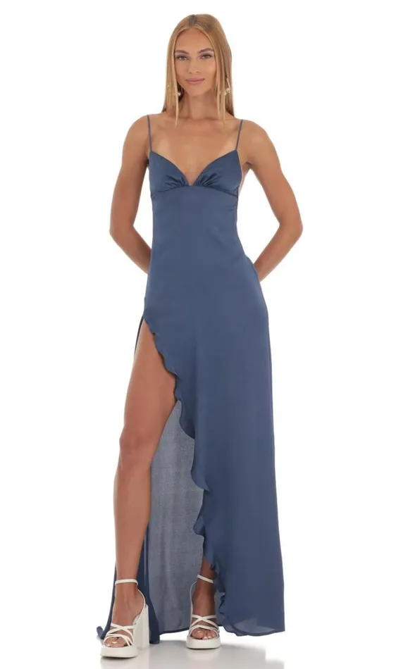 Satin Ruffle Maxi Dress Blue Women LUCY IN THE SKY Maxi Dresses