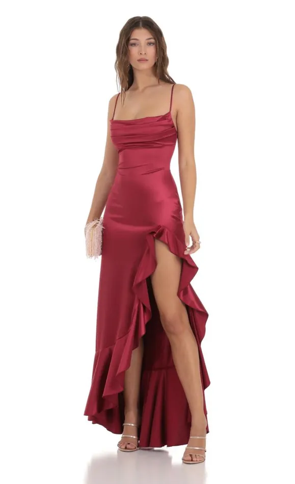 Satin Ruffle Maxi Dress Maroon Women LUCY IN THE SKY Maxi Dresses