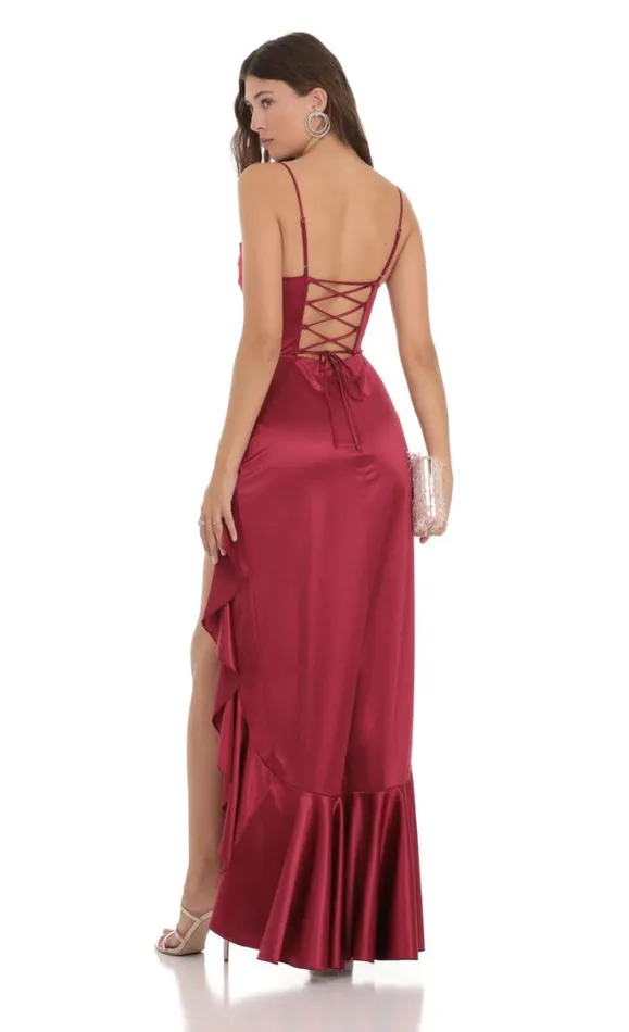 Satin Ruffle Maxi Dress Maroon Women LUCY IN THE SKY Maxi Dresses Satin Ruffle Maxi Dress Maroon Women LUCY IN THE SKY Maxi Dresses