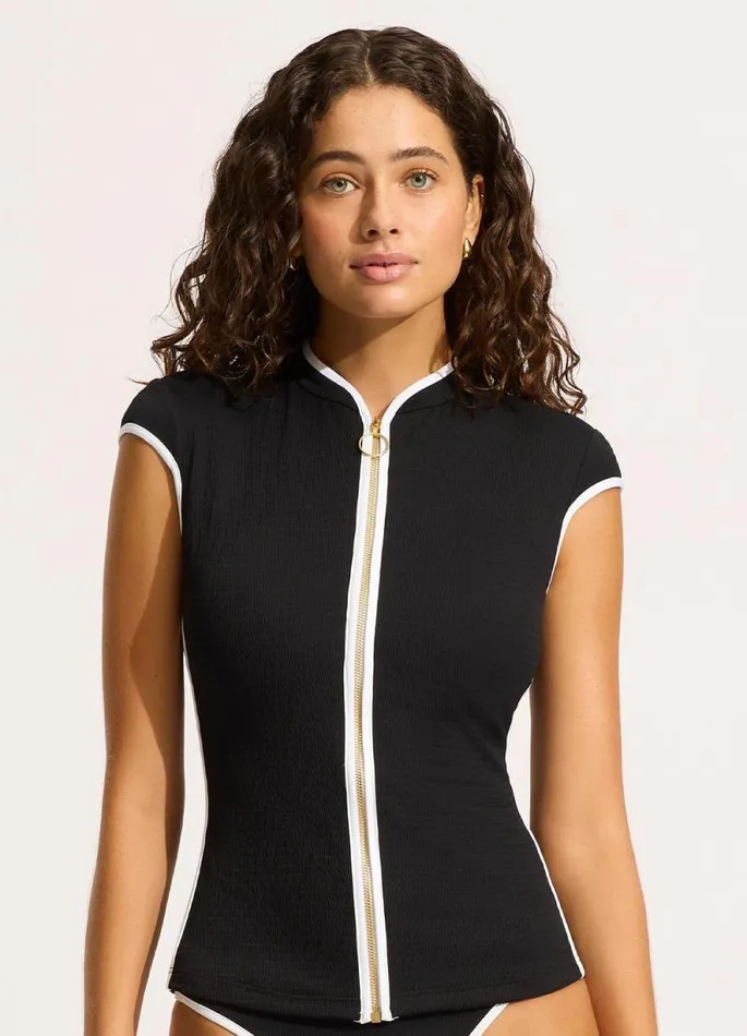 Seafolly Rash Vests Women Beach Bound Cap Sleeve Sunvest 8211 Black
