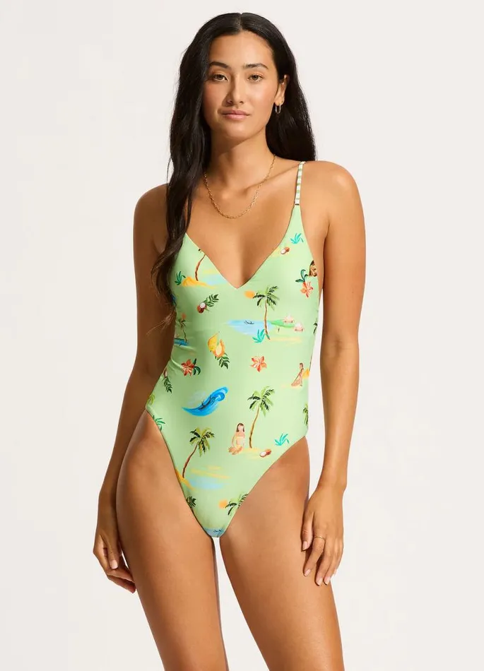 Seafolly V Neck Women Isla Palm V Neck One Piece 8211 Sage