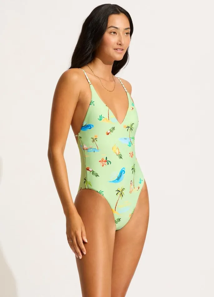 Seafolly V Neck Women Isla Palm V Neck One Piece 8211 Sage