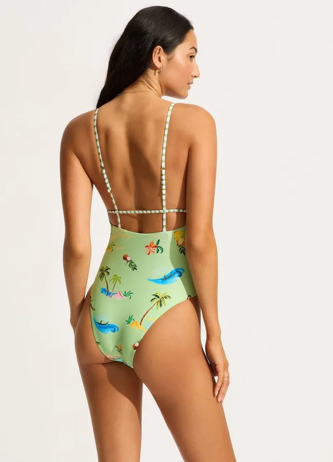 Seafolly V Neck Women Isla Palm V Neck One Piece 8211 Sage