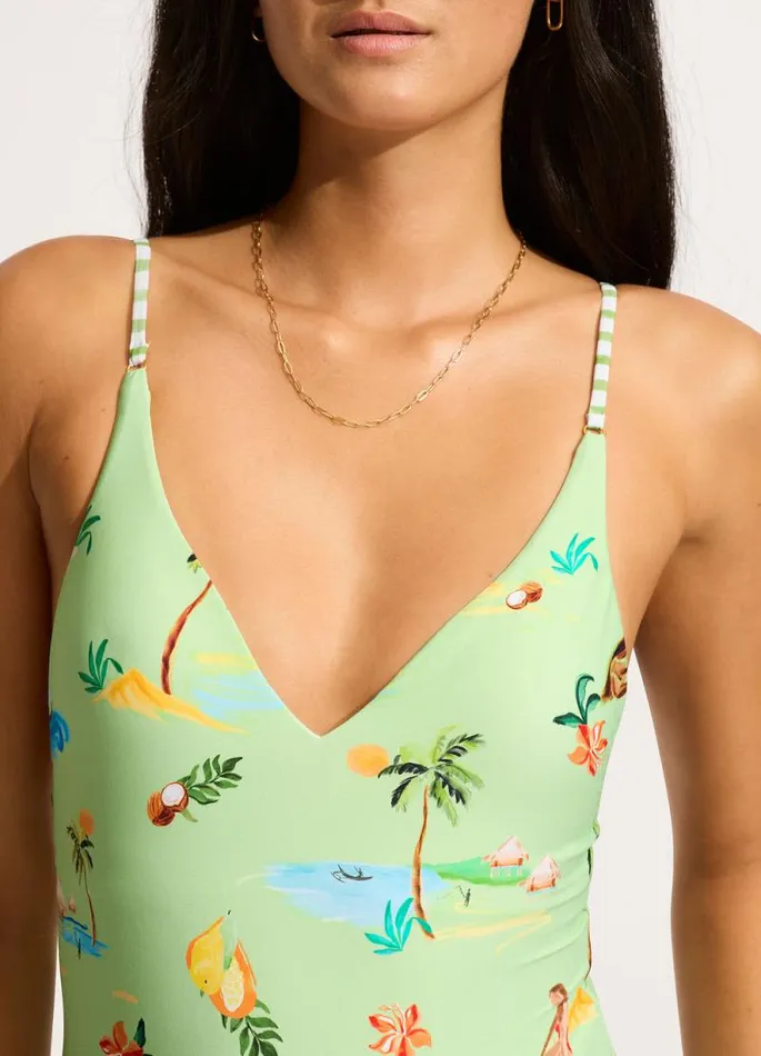 Seafolly V Neck Women Isla Palm V Neck One Piece 8211 Sage