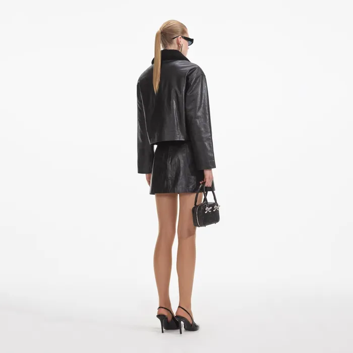 Self Portrait CoOrds Women Black Leather Shearling Jacket