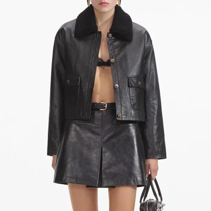 Self Portrait CoOrds Women Black Leather Shearling Jacket
