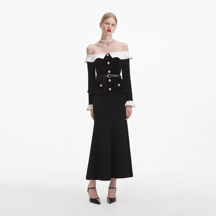 Self Portrait Dresses Women Black Chenille Knit Off Shoulder Midi Dress