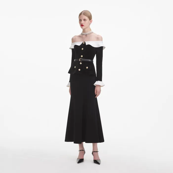 Self Portrait Dresses Women Black Chenille Knit Off Shoulder Midi Dress