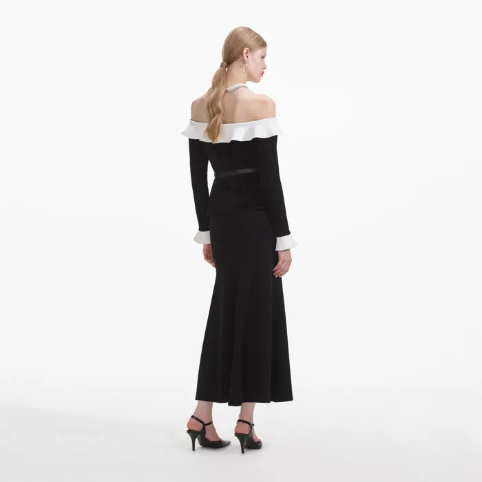 Self Portrait Dresses Women Black Chenille Knit Off Shoulder Midi Dress
