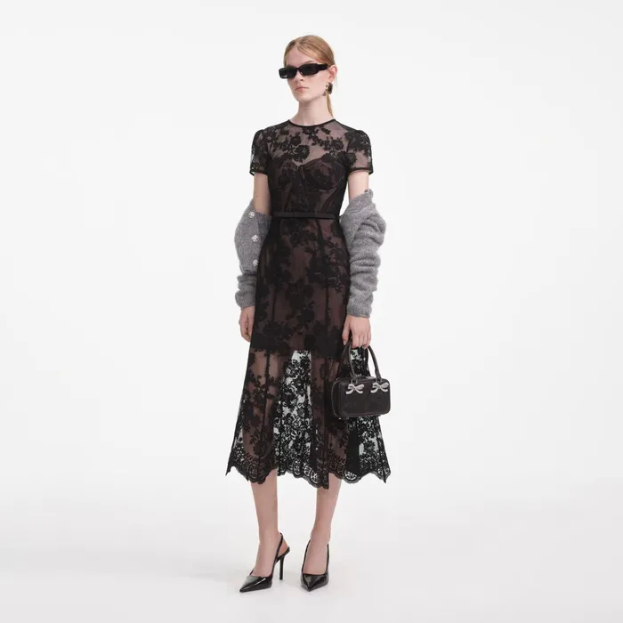 Self Portrait Dresses Women Black Lace Bustier Midi Dress