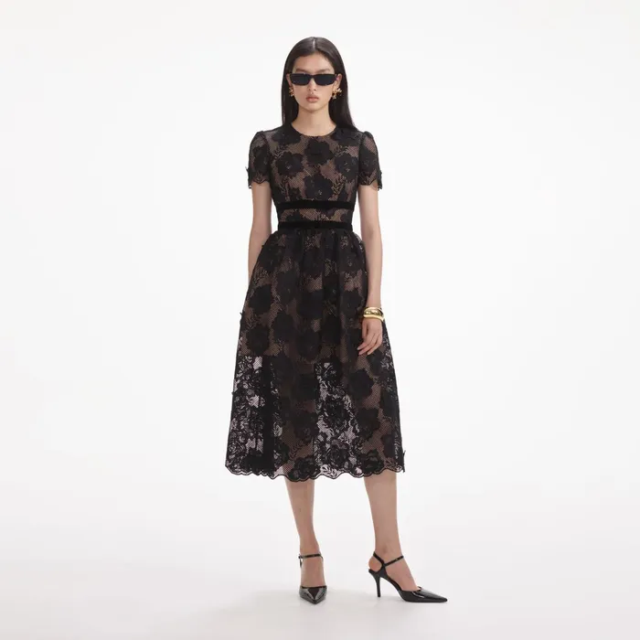 Self Portrait Dresses Women Black Lace Velvet Bow Midi Dress