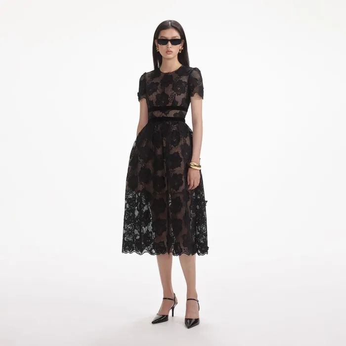 Self Portrait Dresses Women Black Lace Velvet Bow Midi Dress