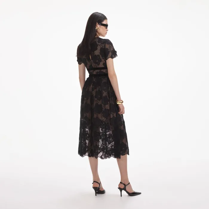 Self Portrait Dresses Women Black Lace Velvet Bow Midi Dress