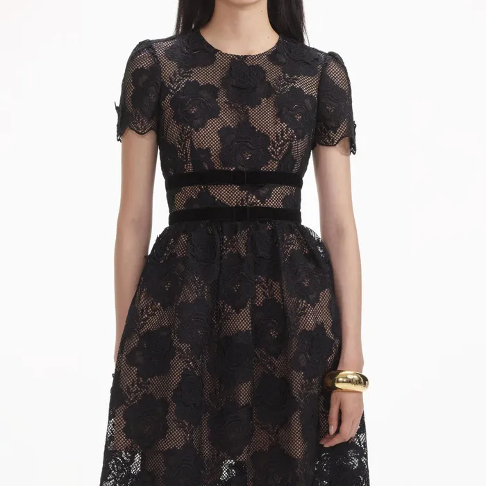 Self Portrait Dresses Women Black Lace Velvet Bow Midi Dress
