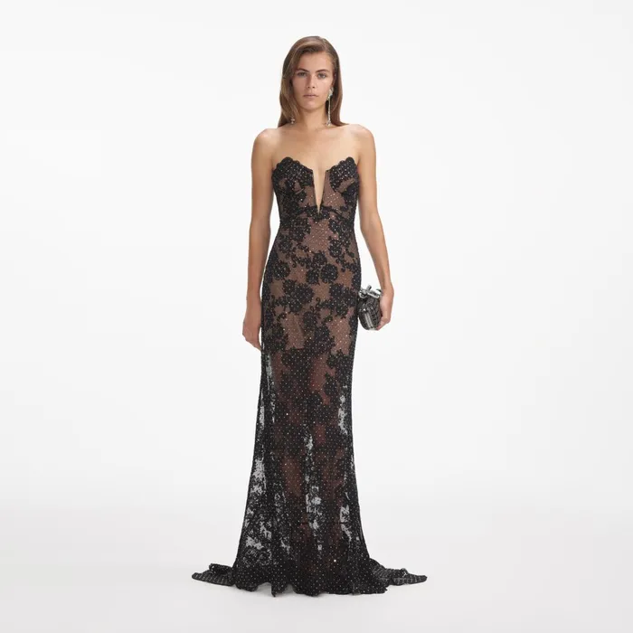 Self Portrait Dresses Women Black Rhinestone Lace Maxi Dress