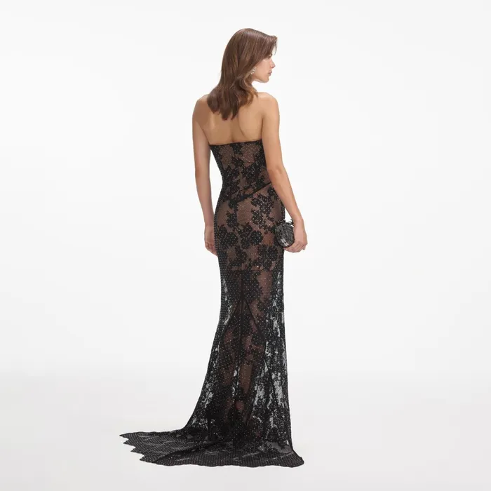 Self Portrait Dresses Women Black Rhinestone Lace Maxi Dress