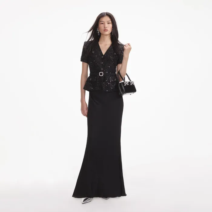 Self Portrait Dresses Women Black Sequin Boucle Maxi Dress