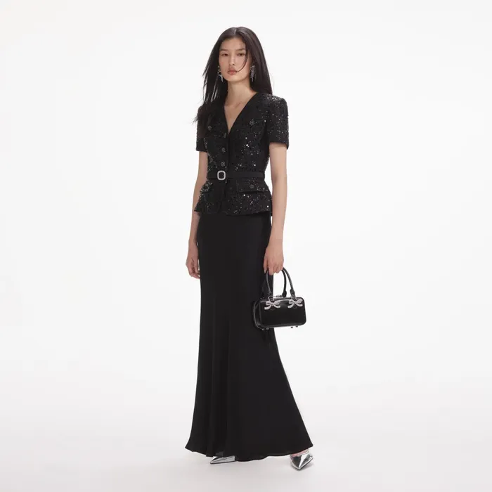Self Portrait Dresses Women Black Sequin Boucle Maxi Dress