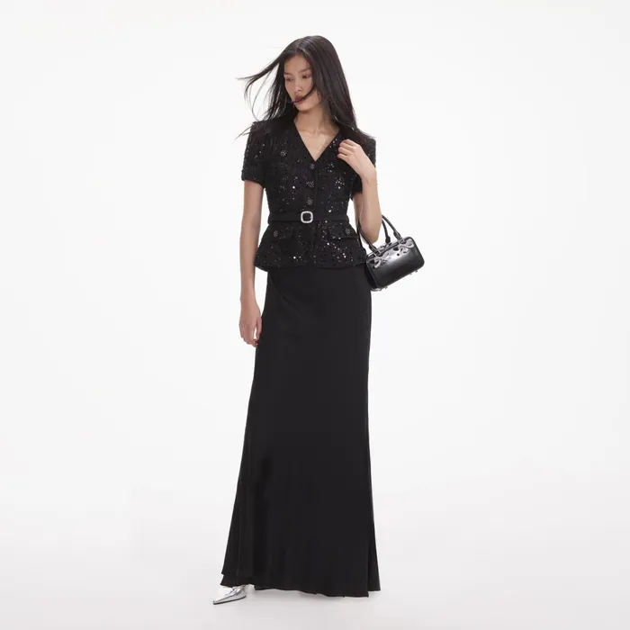Self Portrait Dresses Women Black Sequin Boucle Maxi Dress