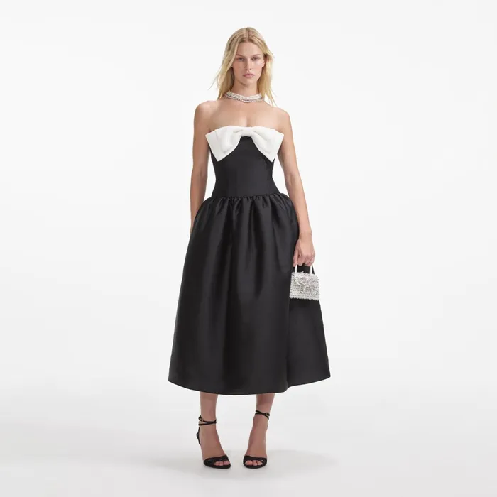Self Portrait Dresses Women Black Taffeta Contrast Bow Midi Dress
